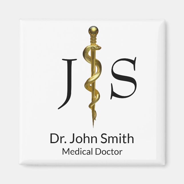 Rod of Asclepius Classy Medical Guld on White Magnet (Framsidan)