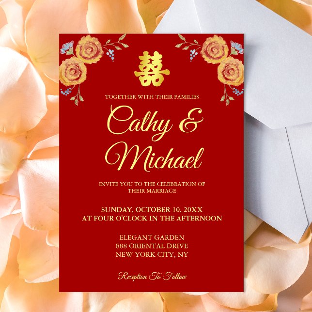 Röd orange blommande kinesisk dubbel lycka bröllop inbjudningar (Traditional Chinese wedding invitation red invite orange watercolor flowers double happiness)