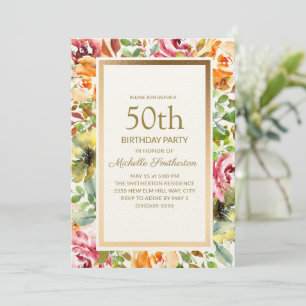Röd Orange Blommig Gröna blad Guld 50-årsdag Inbjudningar