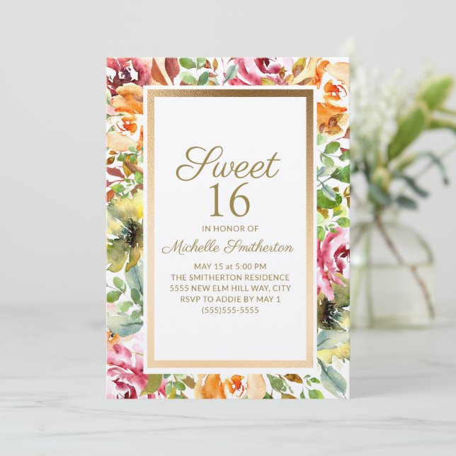Röd Orange Blommig Gröna blad Guld Sweet 16 Inbjudningar (Stående Fram)