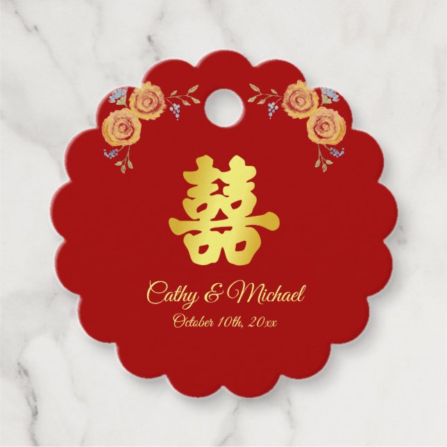 Röd orange blommigt Kinesisk dubbla bröllop lycka Gåvor Etiketter (Framsida)