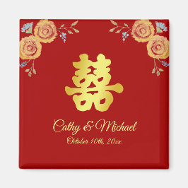 Röd orange blommigt Kinesisk dubbla bröllop lycka Magnet