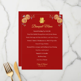 Röd orange blommigt Kinesisk dubbla bröllop lycka Meny