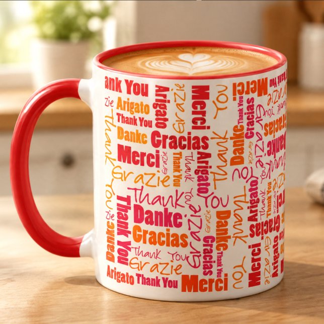 Röd Orange Flerspråkig Tack Mugg (Red and orange thank you word cloud designed 11 ounce coffee filled ceramic mug on table.)