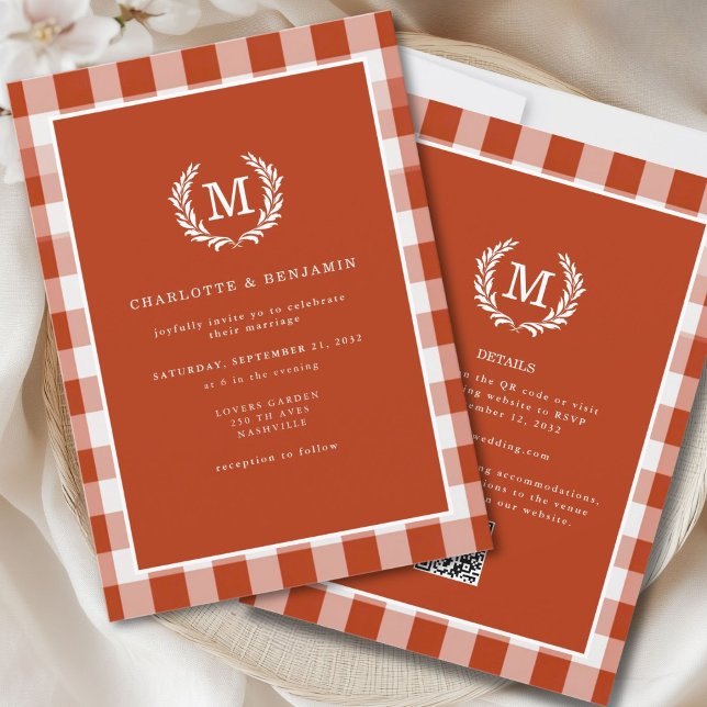Röd-Orange Gingham Monogram Vapensköld QR Code Inbjudningar (Red-Orange Gingham Monogram Crest QR Code Invitation for Details and RSVP. )