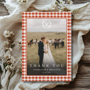 Röd-orange gingham-monogramskrön 2 Foto Tack Kort