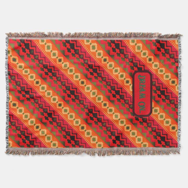 Röd Orange Grön Aztec  Filt (Framsidan)