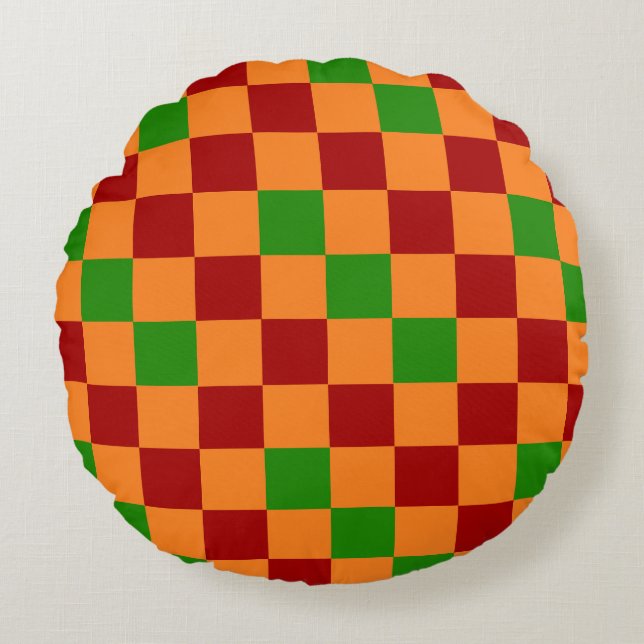 Röd Orange Grön Rutig Mönsterdesign  Rund Kudde (Framsidan)