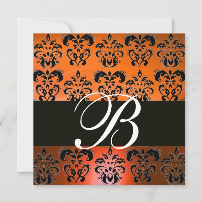 RÖD ORANGE GUL SVART  DAMAST MONOGRAM , vit Inbjudningar (Framsida)
