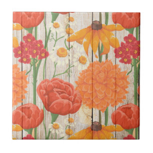 Röd Orange Gult Blommigt Vita Daisy Rustic Wood Kakelplatta