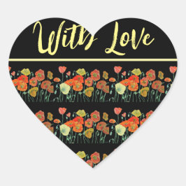 Röd Orange Gult Poppy Poppies Art med Kärlek Hjärtformat Klistermärke