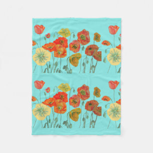 Röd Orange Gult Poppy Poppies Blommigt Flower Aqua Fleecefilt