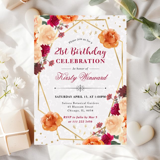 Röd & Orange Höstblommor Ram Födelsedag Inbjudningar (Skapare uppladdad)