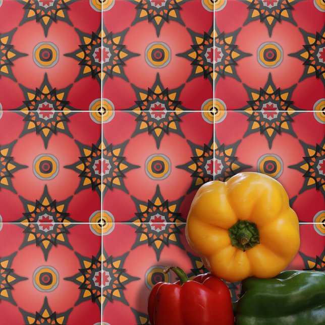 Röd Orange och Grått Boho Geometric Mönster Kakelplatta (Skapare uppladdad)