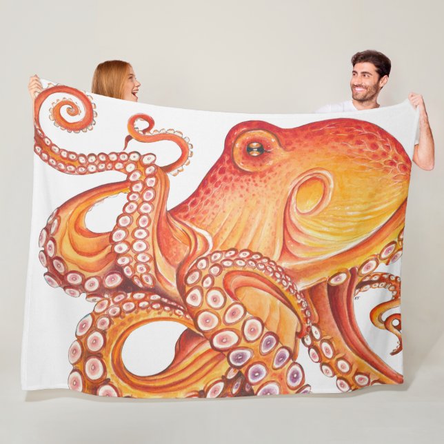 Röd Orange Octopus Watercolor Fleecefilt (På plats)