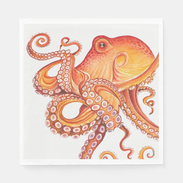Röd Orange Octopus Watercolor Pappersservett (Framsidan)