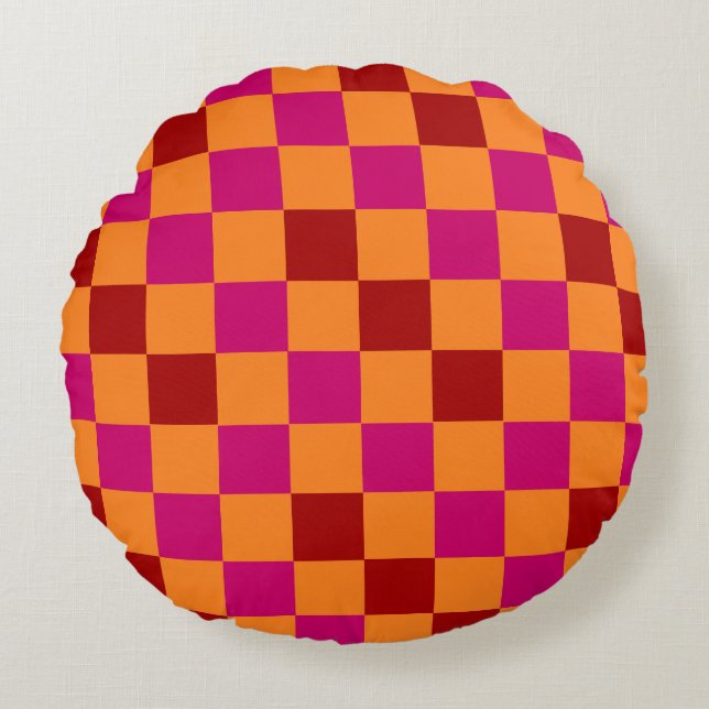 Röd Orange Rosa Rutig Mönsterdesign  Rund Kudde (Framsidan)