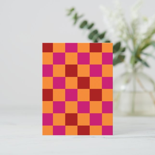 Röd Orange Rosa Rutig Mönsterdesign  Vykort (Stående Fram)