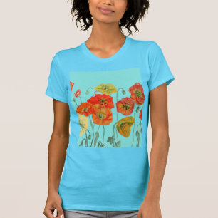 Röd Orange Vallmo blom- Vattenfärg Aqua Konst Blom T Shirt