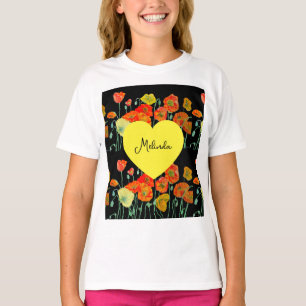 Röd Orange Vallmo Blomma Akvarell Flicknamn T Shirt