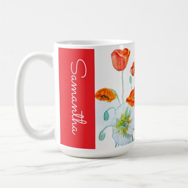 Röd Orange Vallmo Blomma Akvarell Kvinnans Namn Kaffemugg (Vänster)
