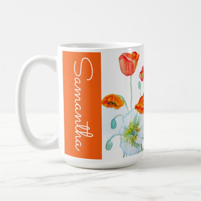 Röd Orange Vallmo Blomma Akvarell Kvinnas Vallmor  Kaffemugg (Vänster)