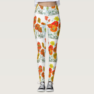Röd Orange Vallmo Blomma Akvarell Poppies Leggings