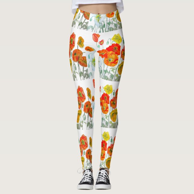 Röd Orange Vallmo Blomma Akvarell Poppies Leggings (Framsida)