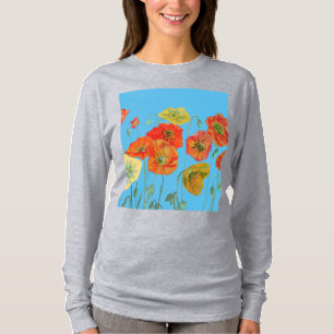 Röd Orange Vallmo blommigt Vattenfärgsfärg Art T Shirt