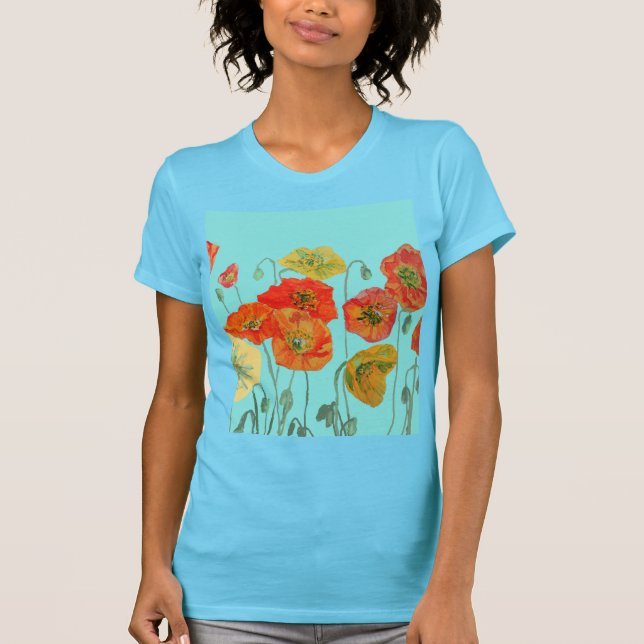 Röd Orange Vallmo blomster Akvamarinfärgad Vattenf T Shirt (Framsida)