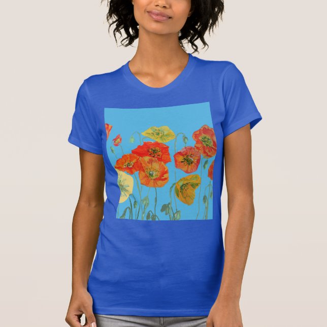 Röd Orange Vallmo blomster Akvarell Konst Blomma T Shirt (Framsida)