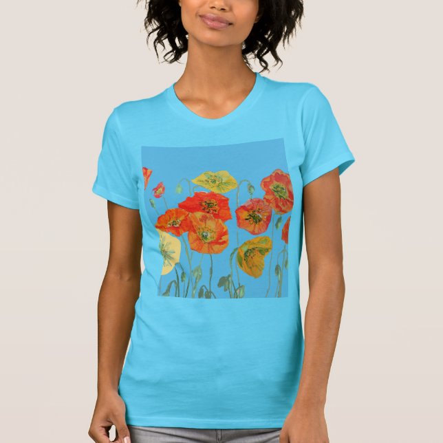 Röd Orange Vallmo blomster Akvarell Konst Blomma T Shirt (Framsida)