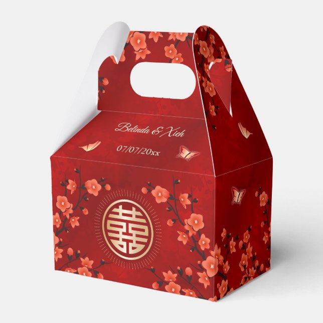 Röd Orientalisk Blomning  | Kinesisk Bröllop  Presentaskar (Framsidan Sidan)