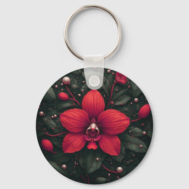 Röd orkidé blommar med gröna blad nyckelring (Framsida)