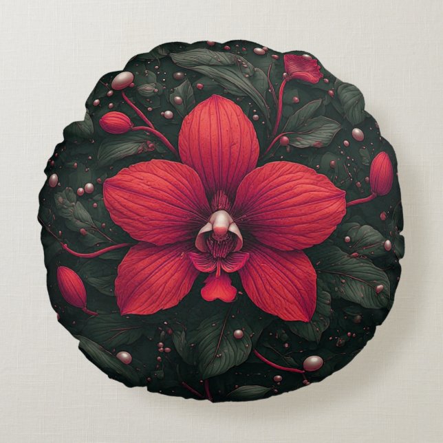 Röd orkidé blommar med gröna blad rund kudde (Framsidan)