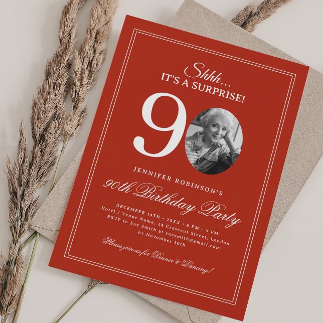 Röd | Överraskningsfest för 90-årsdag Inbjudningar (Red | Surprise 90th Birthday Party Invitation)