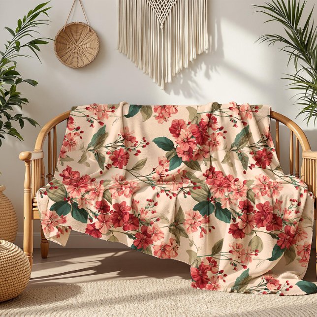 Röd på Rosa Hibiscus Blommigt Fleecefilt (Skapare uppladdad)