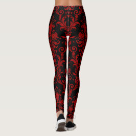 Röd på svart Blommigt Swirls Damask Leggings