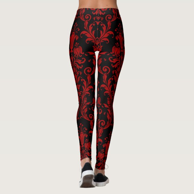 Röd på svart Blommigt Swirls Damask Leggings (Baksida)