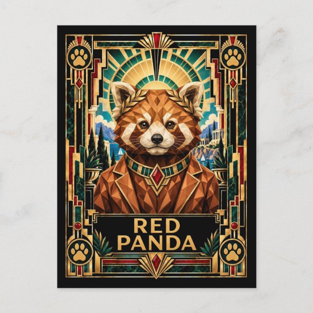 Röd Panda, Art Deco Wildlife Vykort (Framsida)