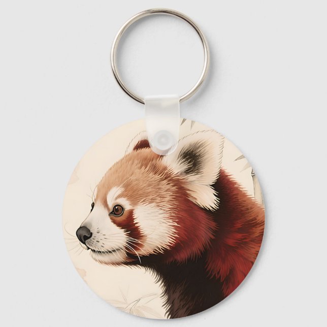 Röd Panda Bambu Akvarellporträtt Nyckelring (Framsida)