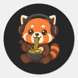 Röd Panda Gaming Spelare Äter Ramen  Runt Klistermärke