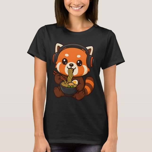 Röd Panda Gaming Spelare Äter Ramen  T Shirt (Framsida)