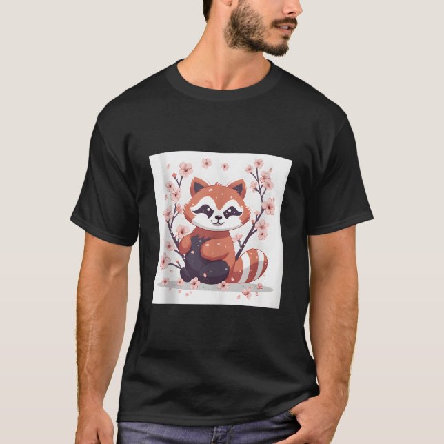 Röd Panda I Körsbärsblomstrande Trädgård Vacker Bi T Shirt (Framsida)