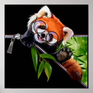 Röd panda i runda glasögon och bamboo gren poster