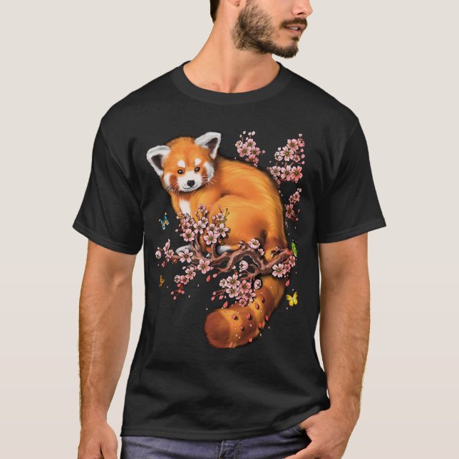 Röd Panda Körsbärsblomning T Shirt (Framsida)