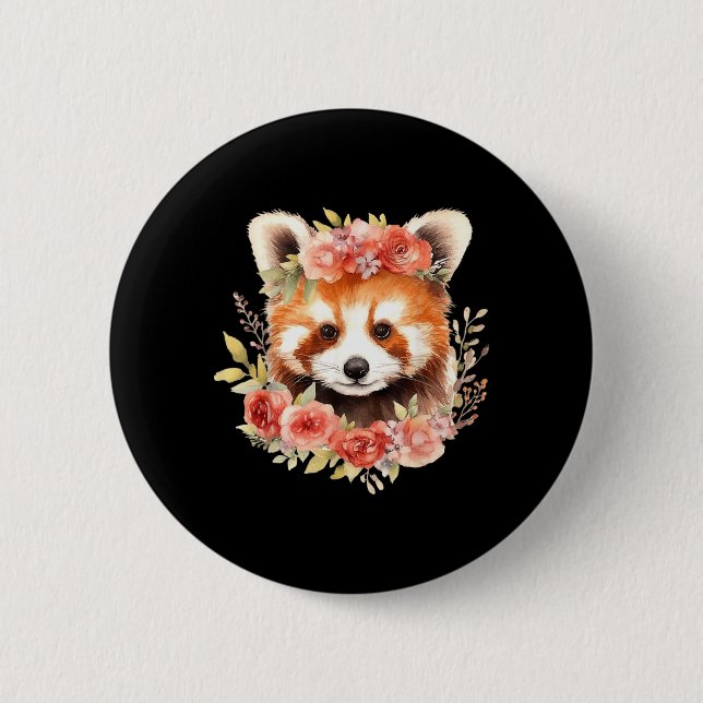 Röd Panda Med Blomkrona Rolig Unisex Design Knapp (Framsida)