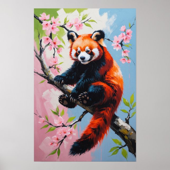 Röd panda på blomstrande träd Söt vilda djur konst Poster (Framsidan)