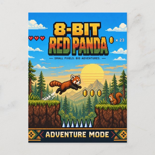 Röd Panda, Retro 8-Bit Pixelkonst Vykort (Framsida)