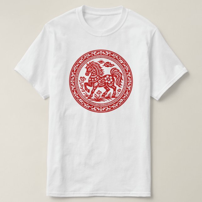 Röd pappersklippt häst traditionell konst t shirt (Design framsida)